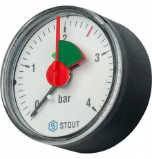 Манометр аксиальный STOUT Ø50-1/4", 4 бар, горизонтальное подключение, с указателем предела