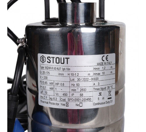 Купить Насос дренажный STOUT SPD-0001-200450 с поплавком (кабель 10 м, 230V, Q=175 л/мин, H=10 м) с доставкой