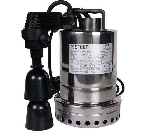 Купить Насос дренажный STOUT с вертикальным поплавком,  кабель 10 м, 230V, Q=150 л/мин, H=8 м с доставкой