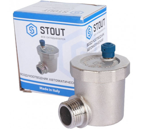 Купить Воздухоотводчик автоматический угловой STOUT никель 1/2", без клапана, без уплотнителя, синий колп. с доставкой