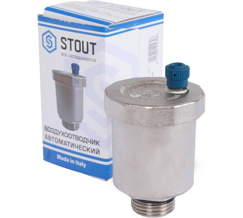 Купить Воздухоотводчик автоматический прямой STOUT никель 1/2", без клапана, уплотнитель, синий колпачок с доставкой
