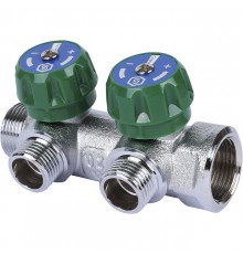 Коллектор распределительный вентильный STOUT никель 3/4"x1/2" -2 выхода, (зеленые ручки), плоский
