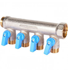 Коллектор распределительный шаровой STOUT никель 3/4"x1/2" -4 выхода, (синие ручки), евроконус