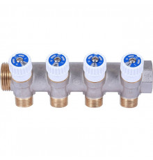 Коллектор распределительный вентильный STOUT никель 3/4"x1/2" -4 выхода, (белые ручки), плоский