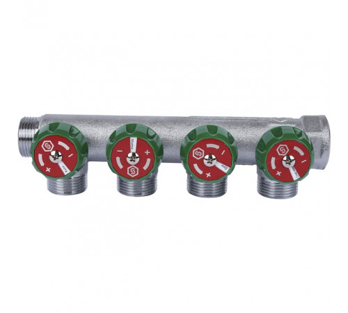 Купить Коллектор распределительный вентильный STOUT никель 3/4"x3/4" -4 выхода, (зеленые ручки), евроконус с доставкой
