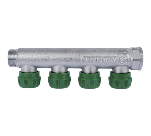Купить Коллектор распределительный вентильный STOUT никель 3/4"x3/4" -4 выхода, (зеленые ручки), евроконус с доставкой