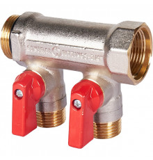 Коллектор распределительный шаровой STOUT никель 3/4"x1/2" -2 выхода, (красные ручки), евроконус