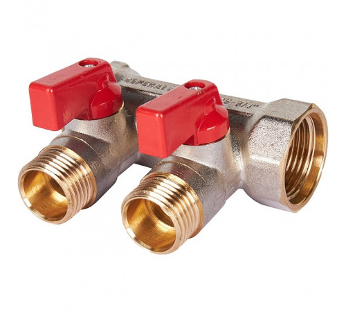 Купить Коллектор распределительный шаровой STOUT никель 3/4"x1/2" -2 выхода, (красные ручки), евроконус с доставкой