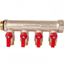 Коллектор распределительный шаровой STOUT никель 3/4"x1/2" -4 выхода, (красные ручки), евроконус