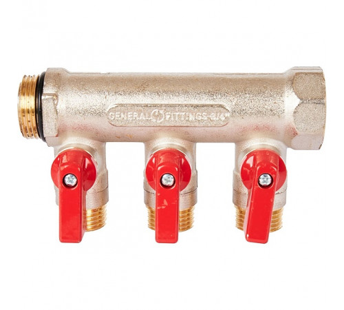 Купить Коллектор распределительный шаровой STOUT никель 3/4"x1/2" -3 выхода, (красные ручки), евроконус с доставкой