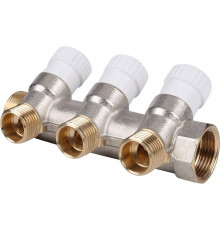 Коллектор распределительный вентильный STOUT никель 3/4"x1/2" -3 выхода, (белые ручки), евроконус