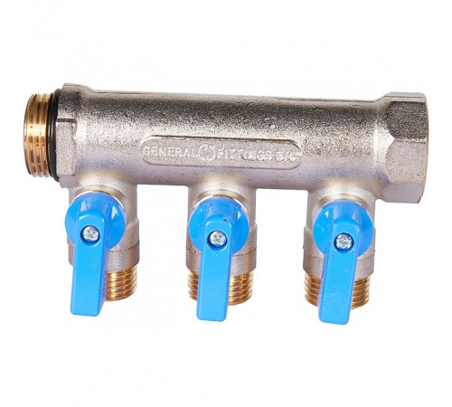 Купить Коллектор распределительный шаровой STOUT никель 3/4"x1/2" -3 выхода, (синие ручки), евроконус с доставкой