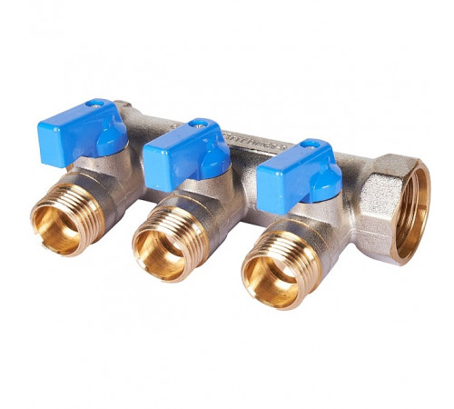 Купить Коллектор распределительный шаровой STOUT никель 3/4"x1/2" -3 выхода, (синие ручки), евроконус с доставкой