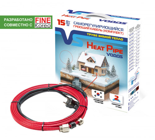 Купить Греющий кабель саморегулирующийся VODOS HEAT PIPE, 15 Вт/м, внутренний, на 9м, синий, с сальником с доставкой