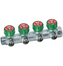 Коллектор распределительный вентильный FAR никель 3/4"x1/2" -4 выхода, EU евроконус с вставкой